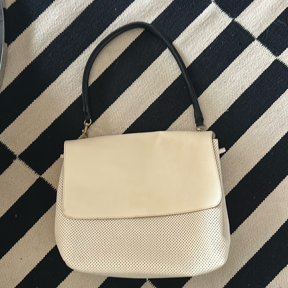 Clare V white leather perforated Helene with removable strap.